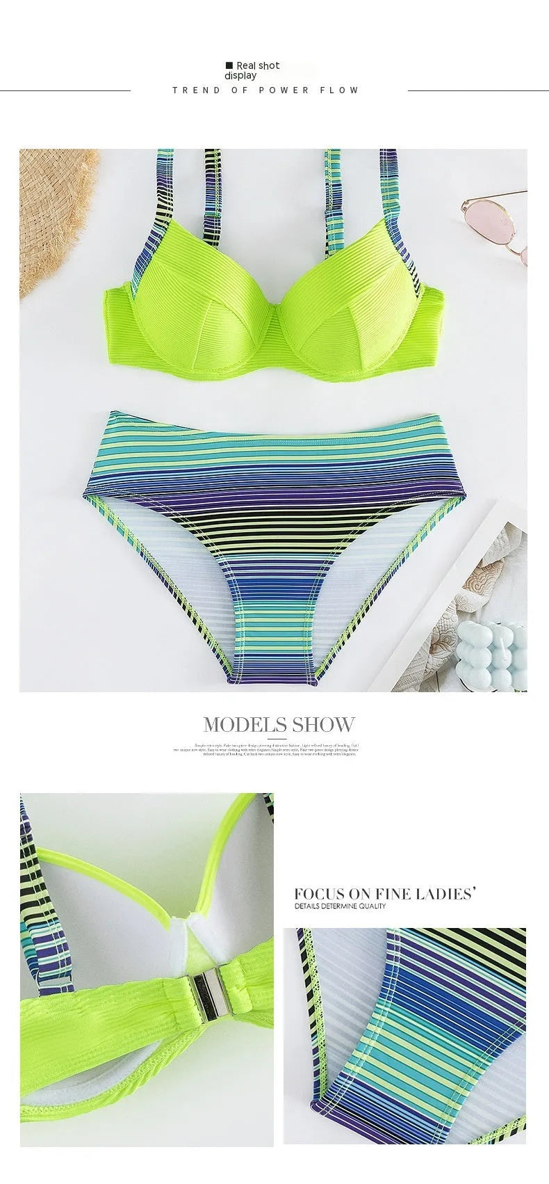 Green printed halter bikini set with split briefs for women in polyester fabric