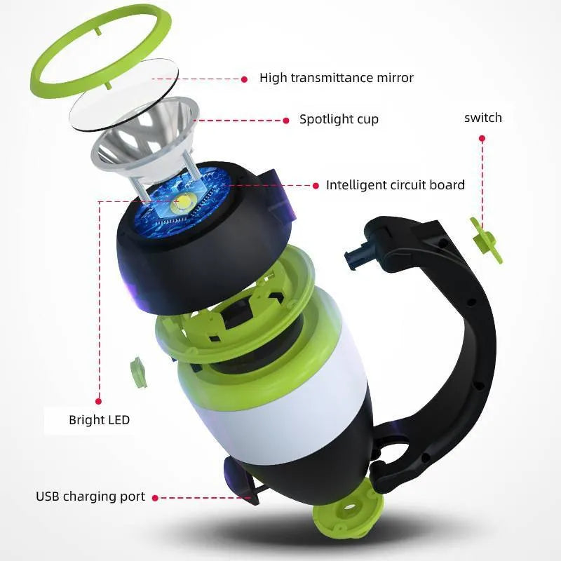 Black green foldable LED lamp with USB port shown in desk, camping, and flashlight modes
