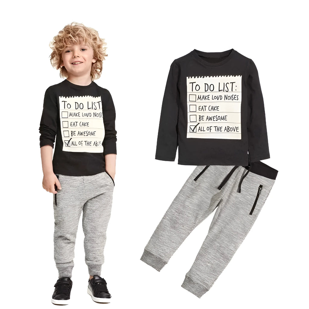 Boys' two-piece cotton clothing set with long sleeve T-shirt and pants in letter pattern
