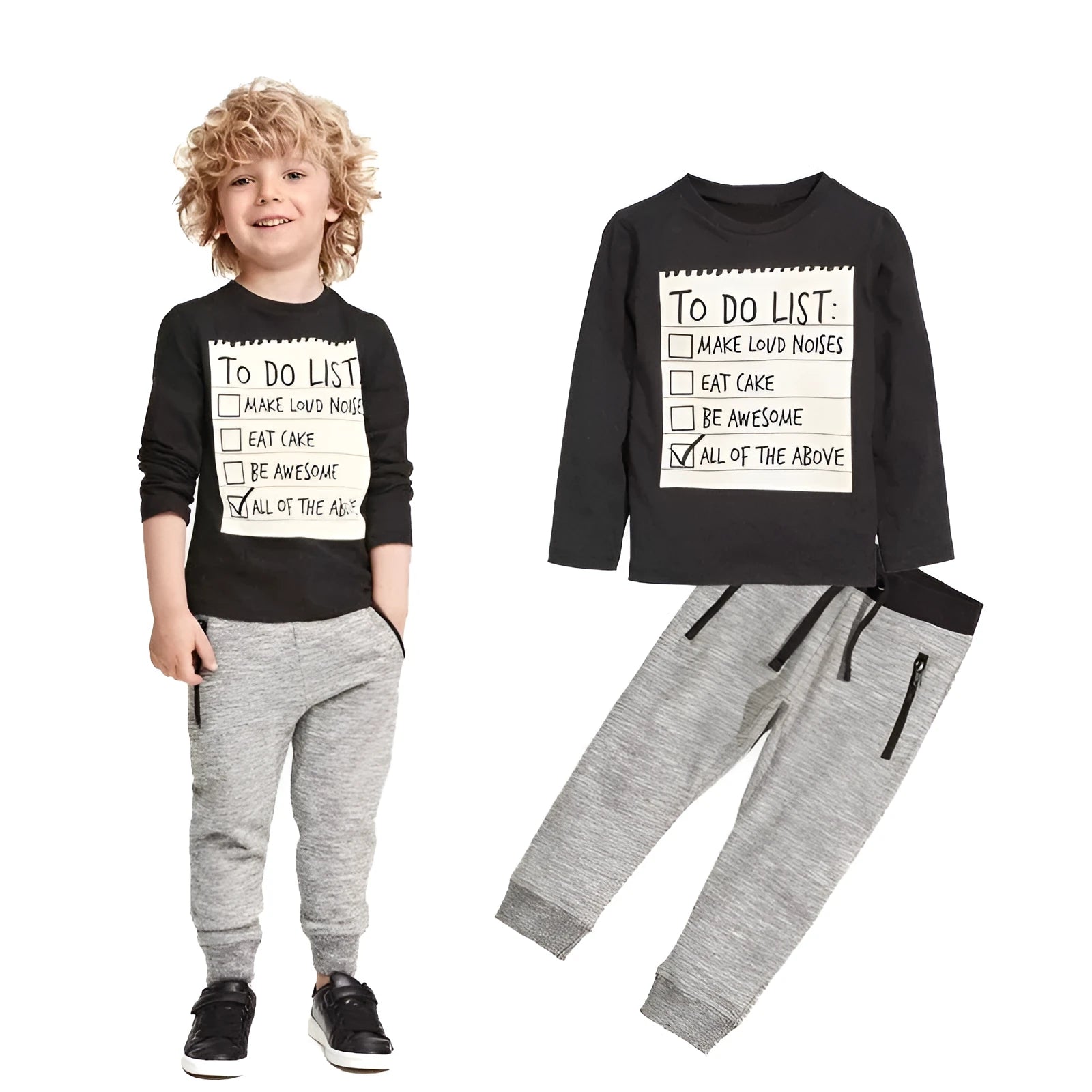 Boys' two-piece cotton clothing set with long sleeve T-shirt and pants in letter pattern