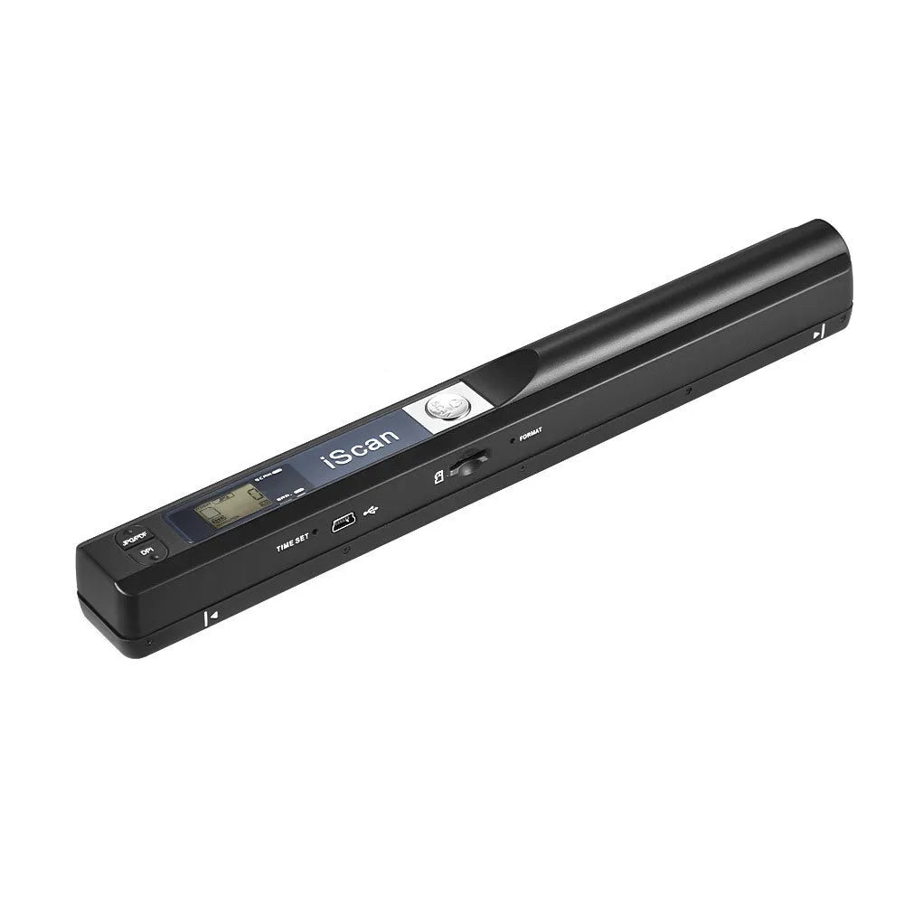 Plastic handheld USB document scanner on a desk next to papers.