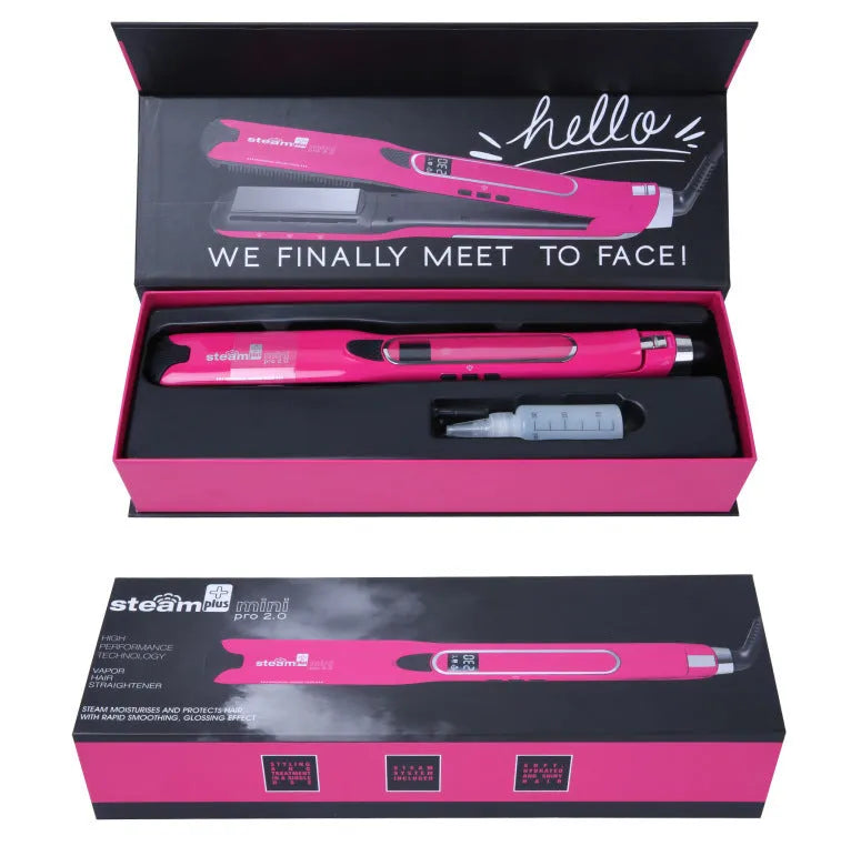 Mini steam hair straightener in purple colour with steam function display