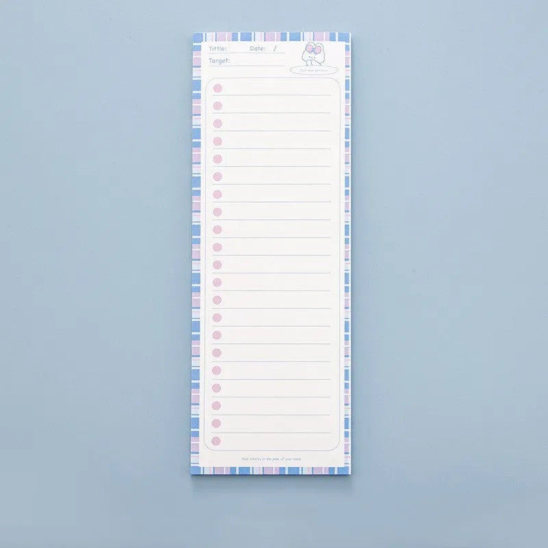 Cartoon character sticky note pad in a plastic storage box showing colourful striped and bear designs