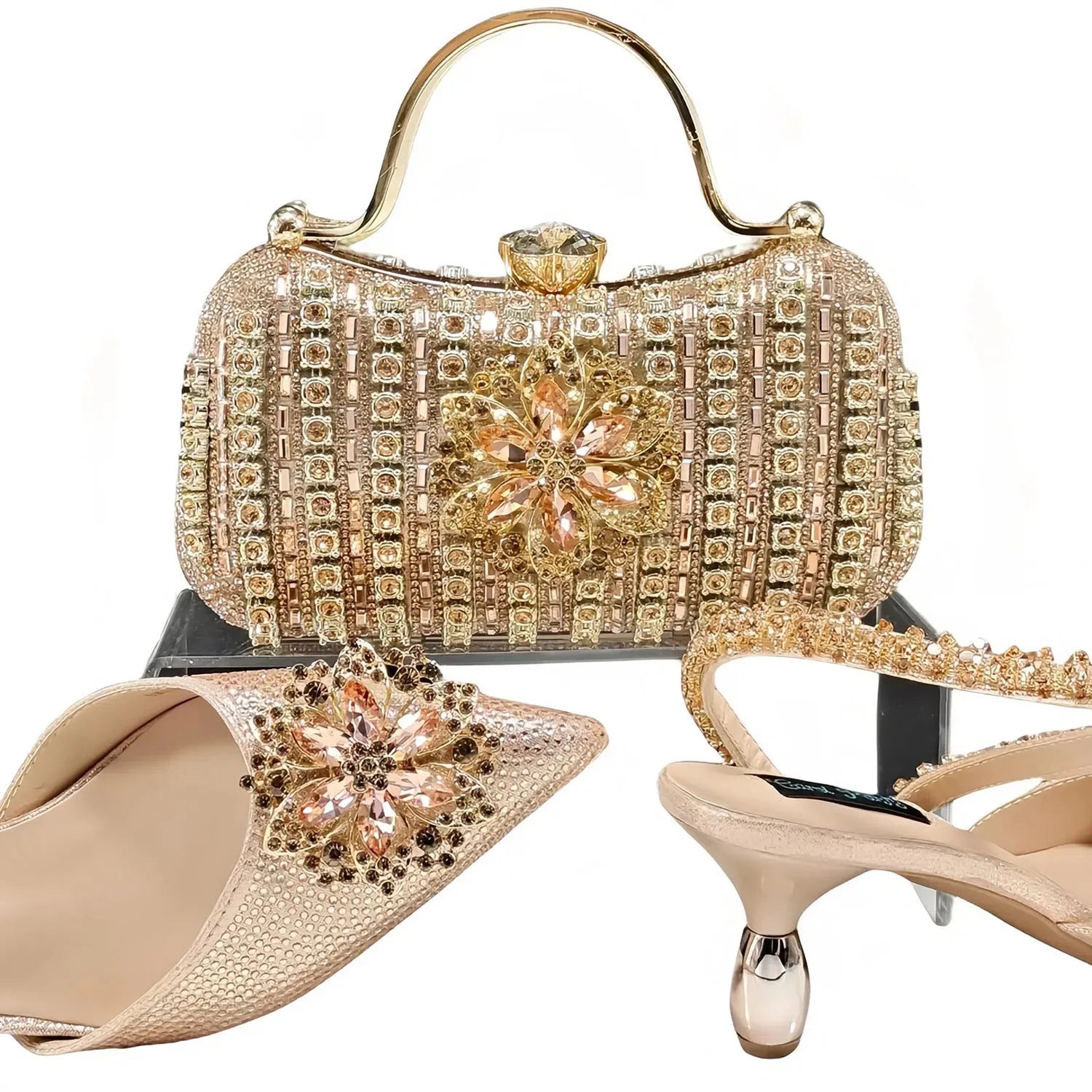 Women's black high-heel shoe and matching clutch bag set with floral drill buckle and ankle chain decoration