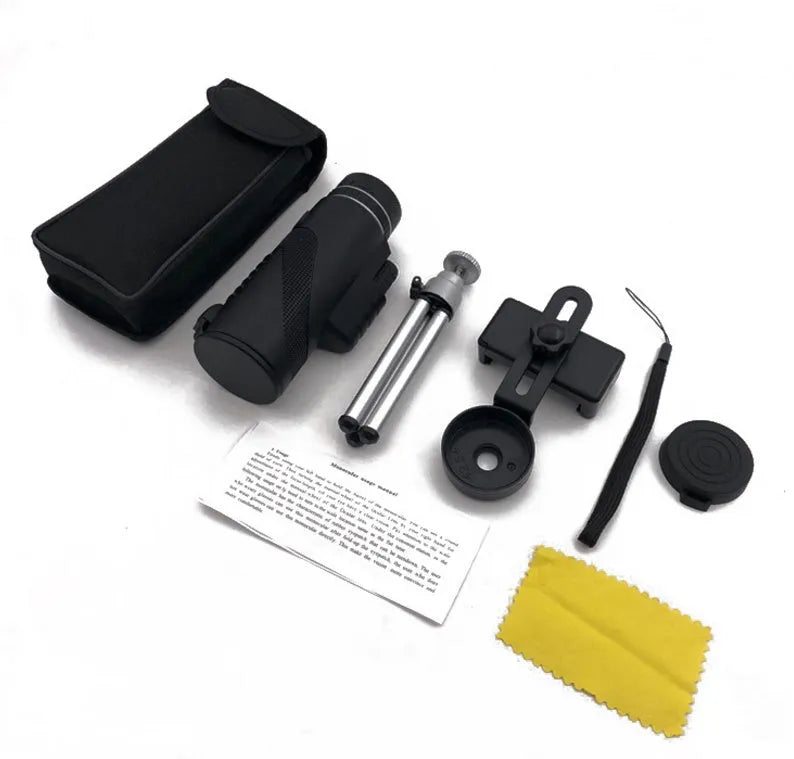 Black 40x60 HD monocular telescope with fully coated lenses and waterproof construction