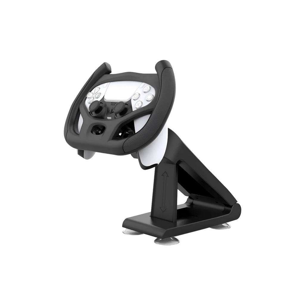 Black gamepad steering wheel bracket with suction cup base holding mobile phone
