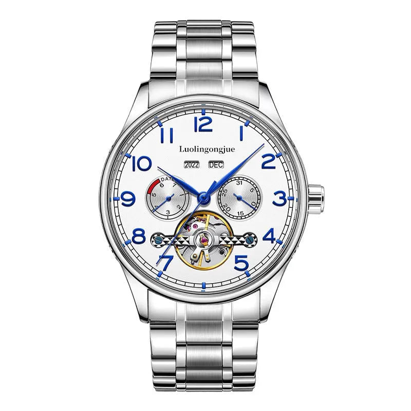 Men's stainless steel mechanical business watch with hollow movement visible through transparent case back