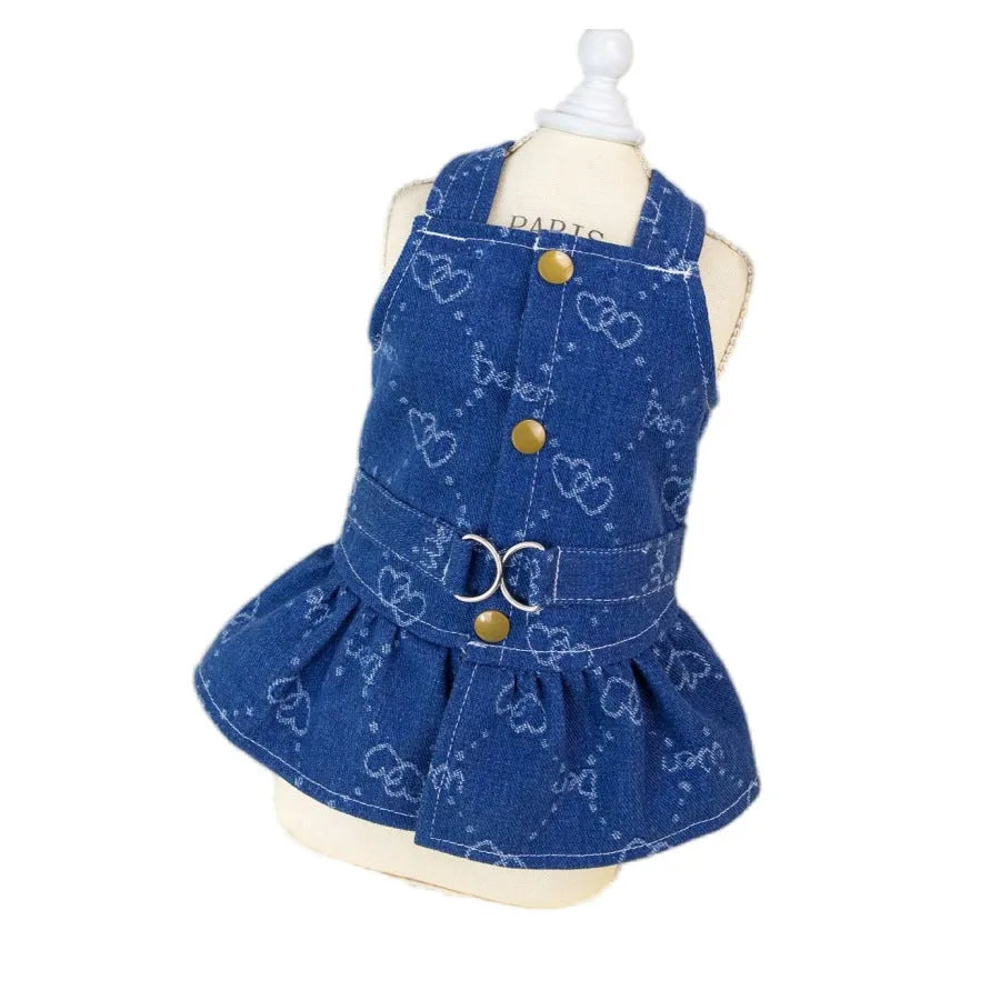 A small dog wearing a light blue denim princess dress with a bracket-style skirt.