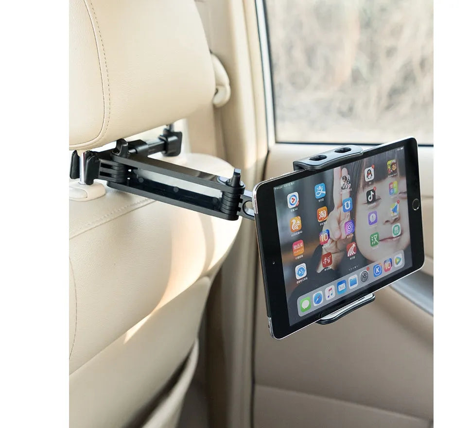 Black universal car phone holder with rear seat base mounting for tablets and phones