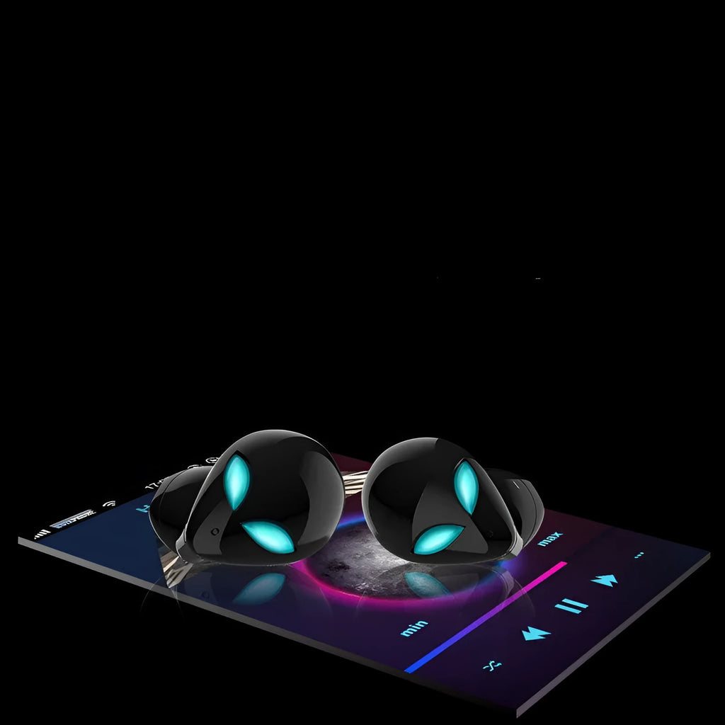Creative Outer T8 Starman alien-design Bluetooth headset and charging case in red, blue, white, or black.