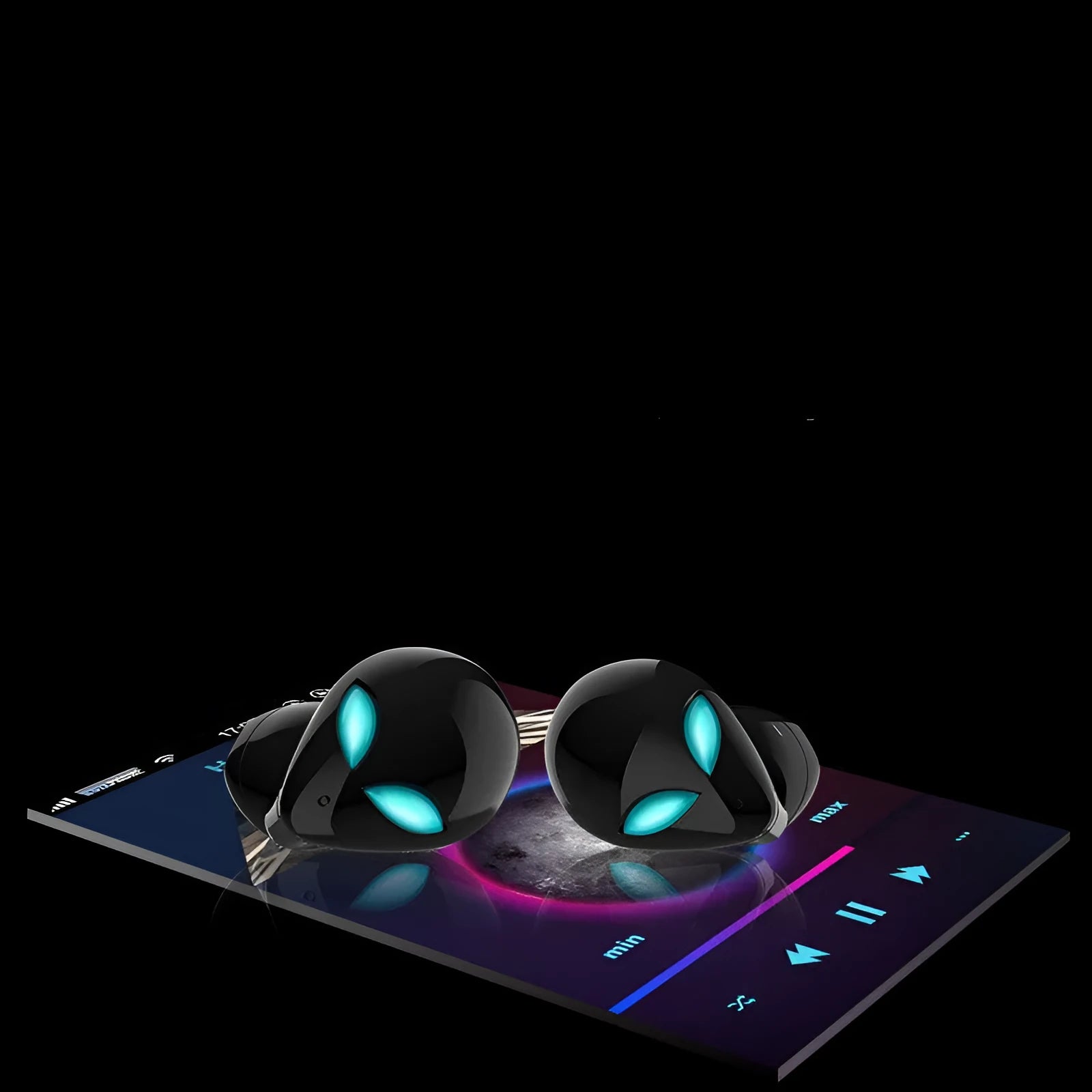 Creative Outer T8 Starman alien-design Bluetooth headset and charging case in red, blue, white, or black.