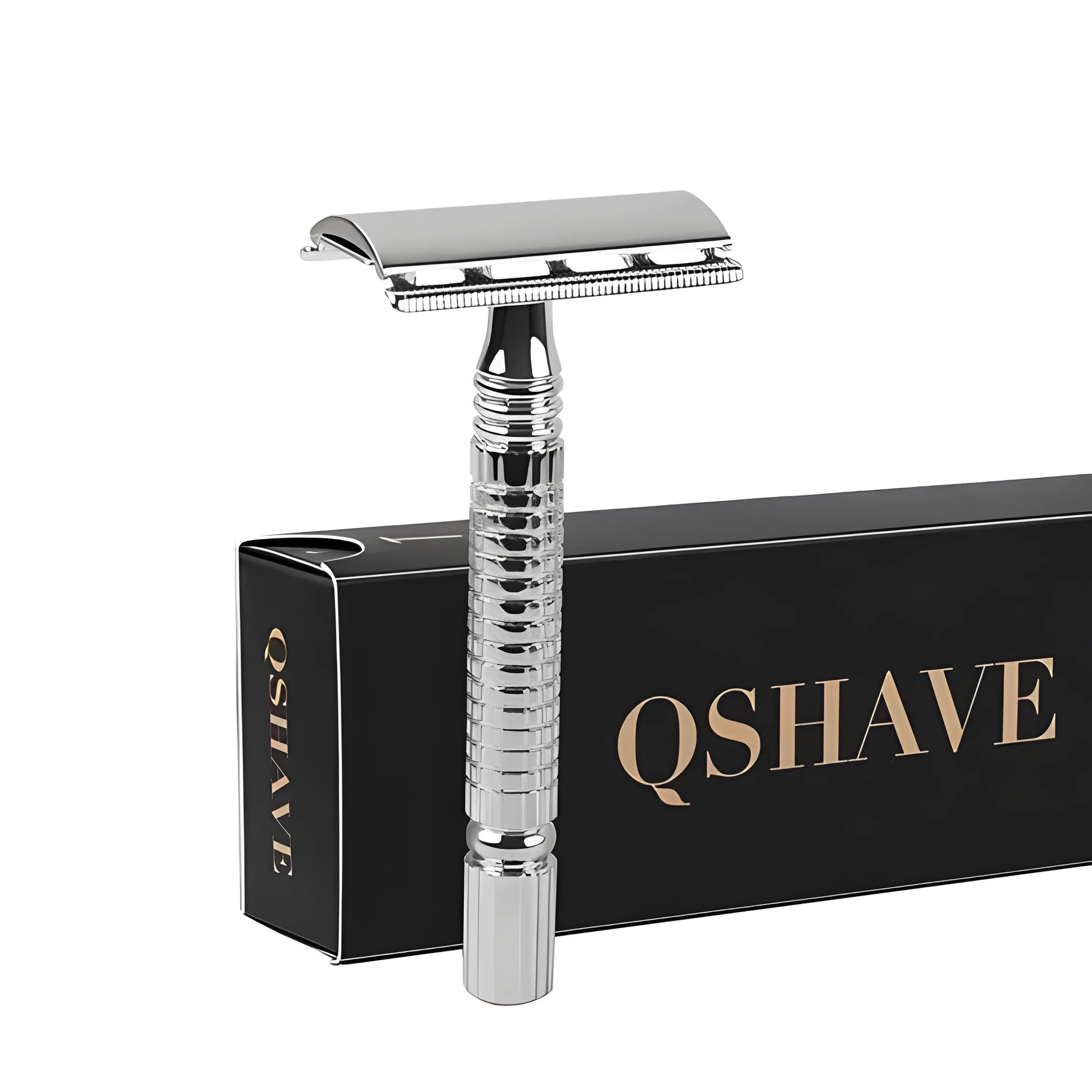Traditional double-edged safety razor with stainless steel head, Japanese and American blades in storage box