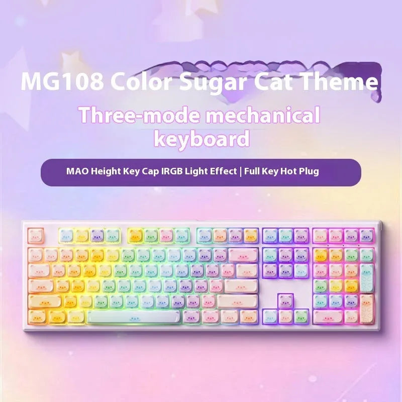 Bluetooth mechanical keyboard with sugar cat design in MG108B colours showing piano-style switches