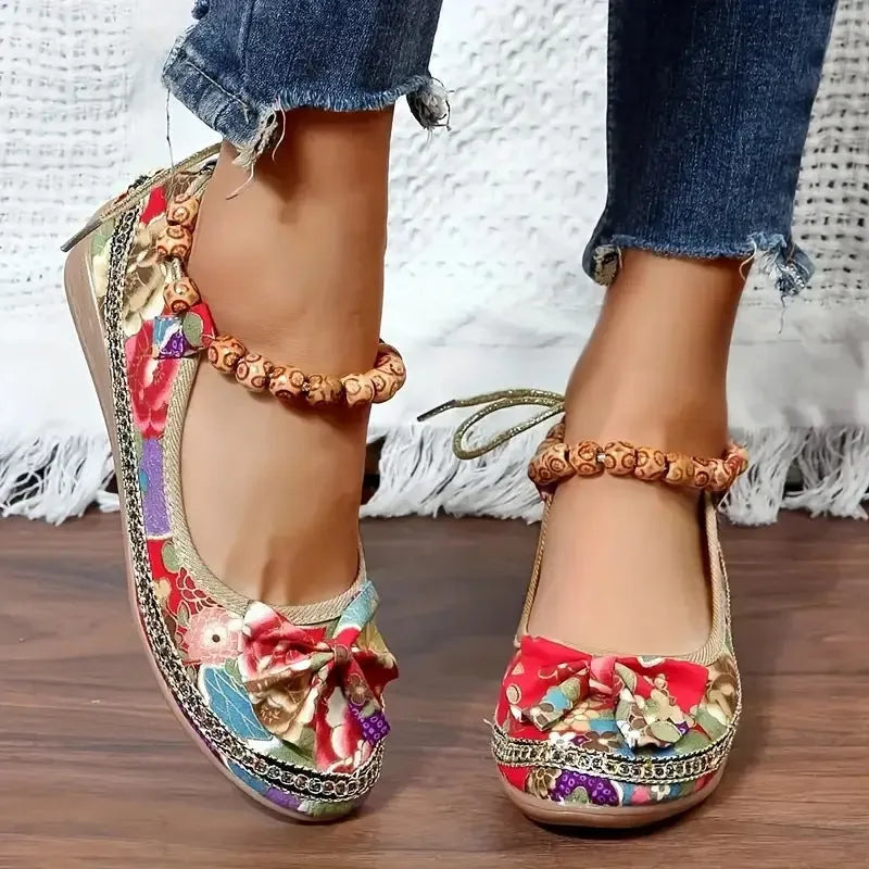 Women's black and red ethnic style platform sandals with elastic band fastening