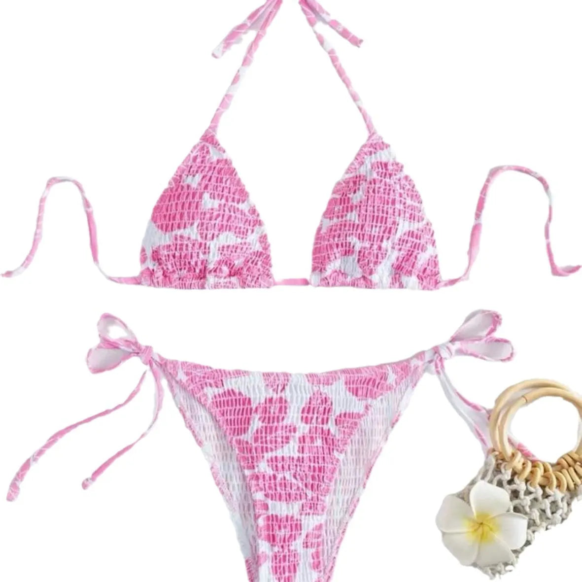 Women's halter swimsuit bikini set with floral pattern briefs in multiple colour options.