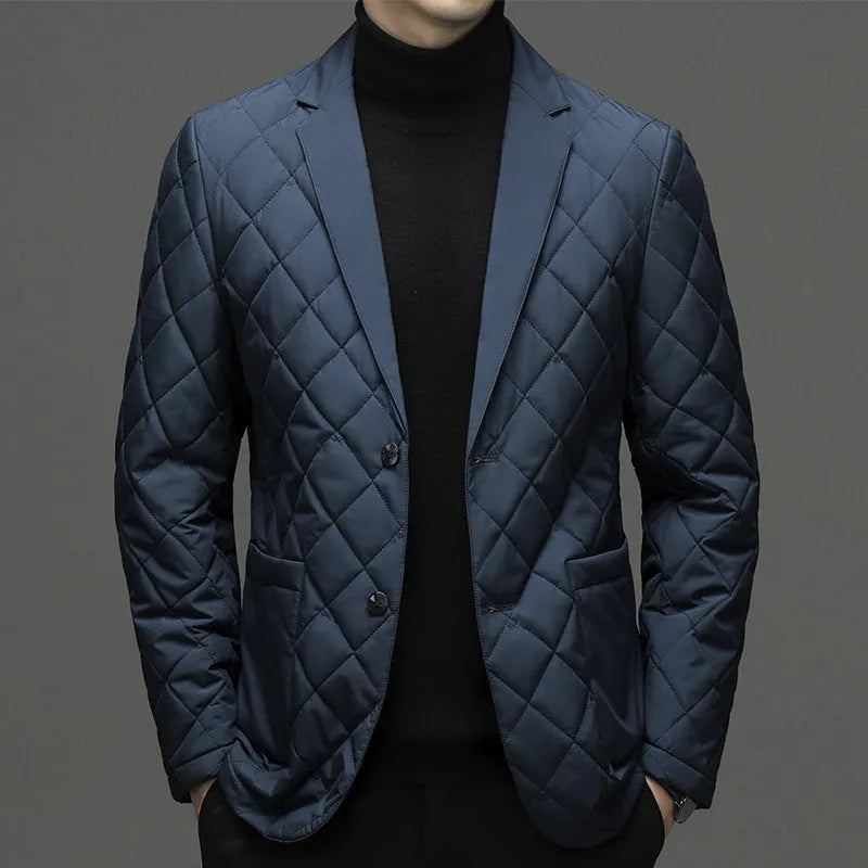 Men's lapel collar down jacket in black colour with side seam pockets