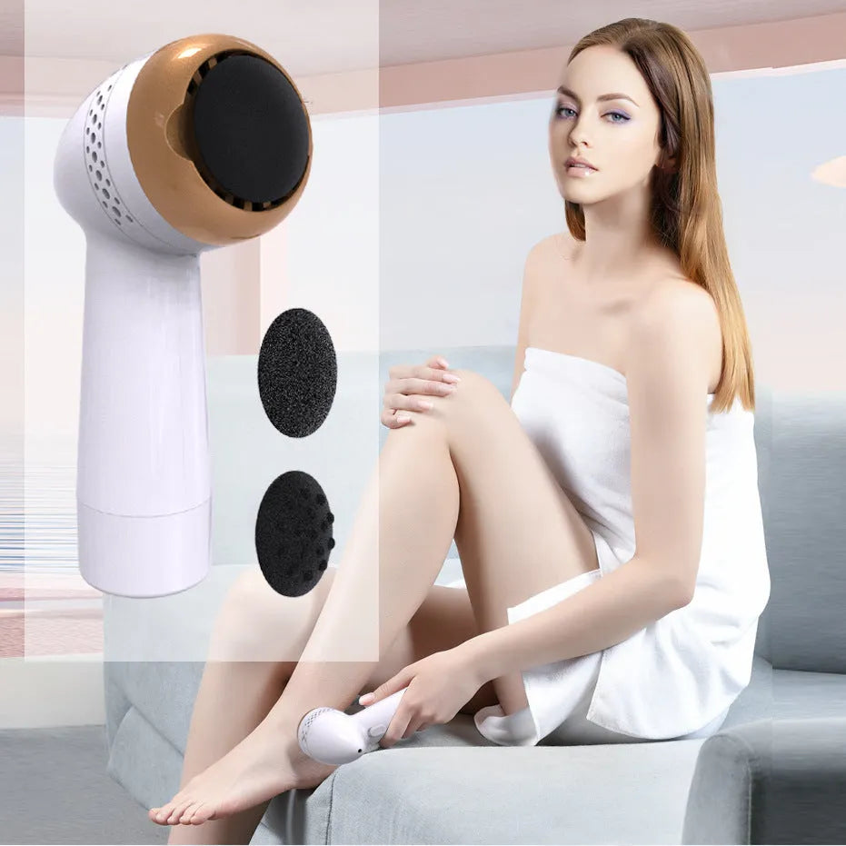 Electric vacuum foot grinder with quartz head in gold colour, showing battery and callus removal function.