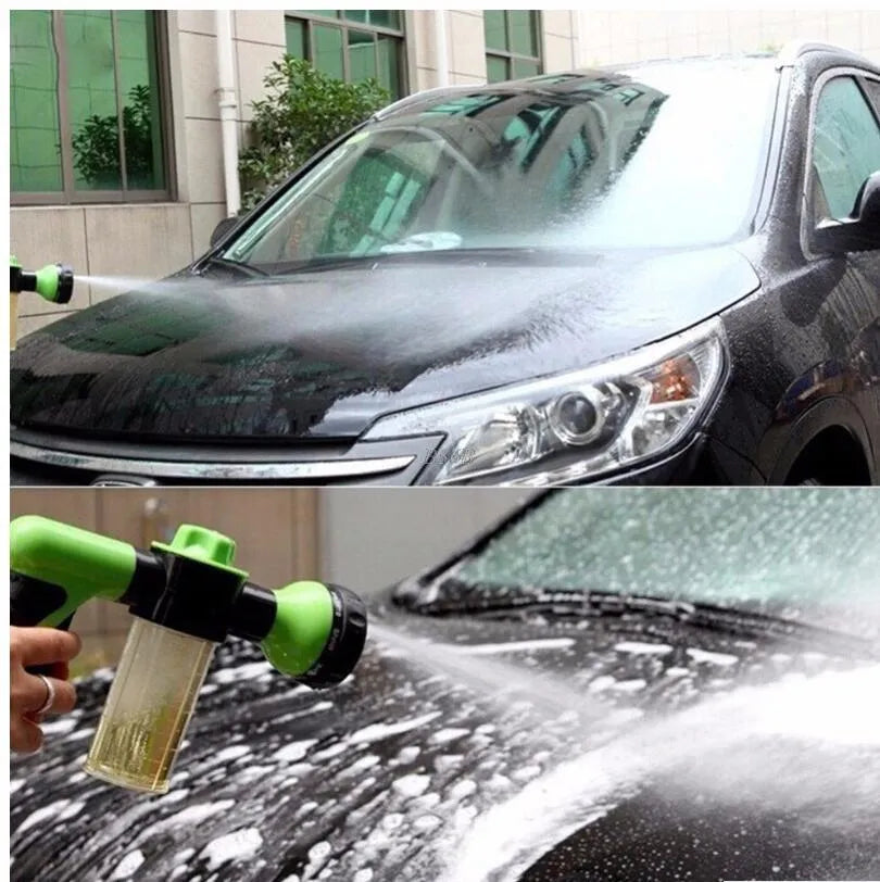 Green high pressure foam spray gun with multiple spray pattern settings and hose connection