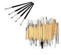27-piece pottery tool set with stainless steel sculptors and wood tools rolled in a brown package.