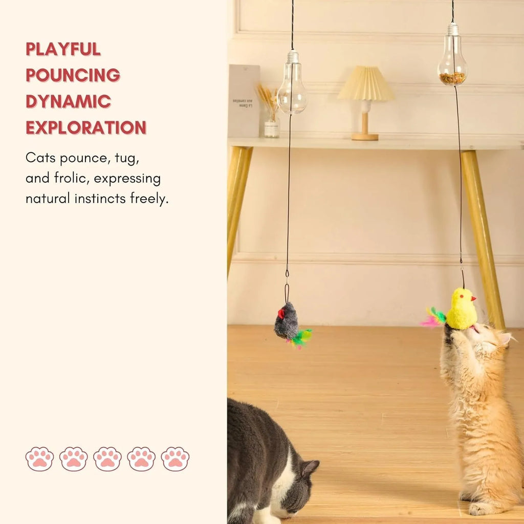 Interactive cat toy hanging from door frame with elastic rope and dangling mouse toy