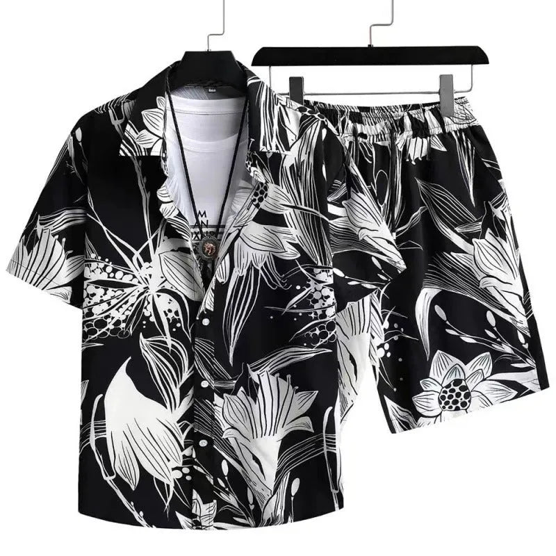 Man wearing a digital print short sleeve shirt and matching shorts from the casual suit set.