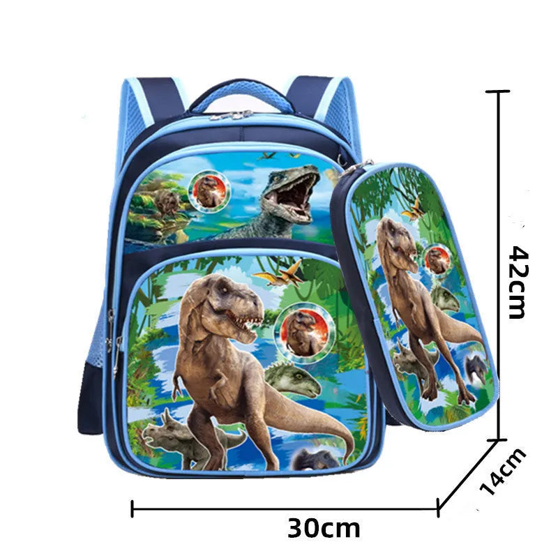 Blue cartoon anime print nylon school backpack with pencil case, shown with open compartment