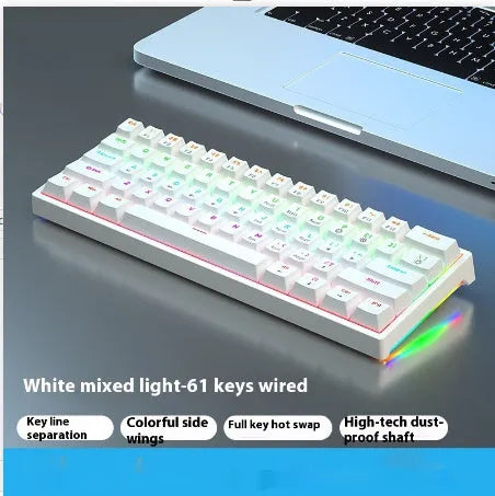 Blue and white 61-key mechanical keyboard with compact layout and hot-swappable switches