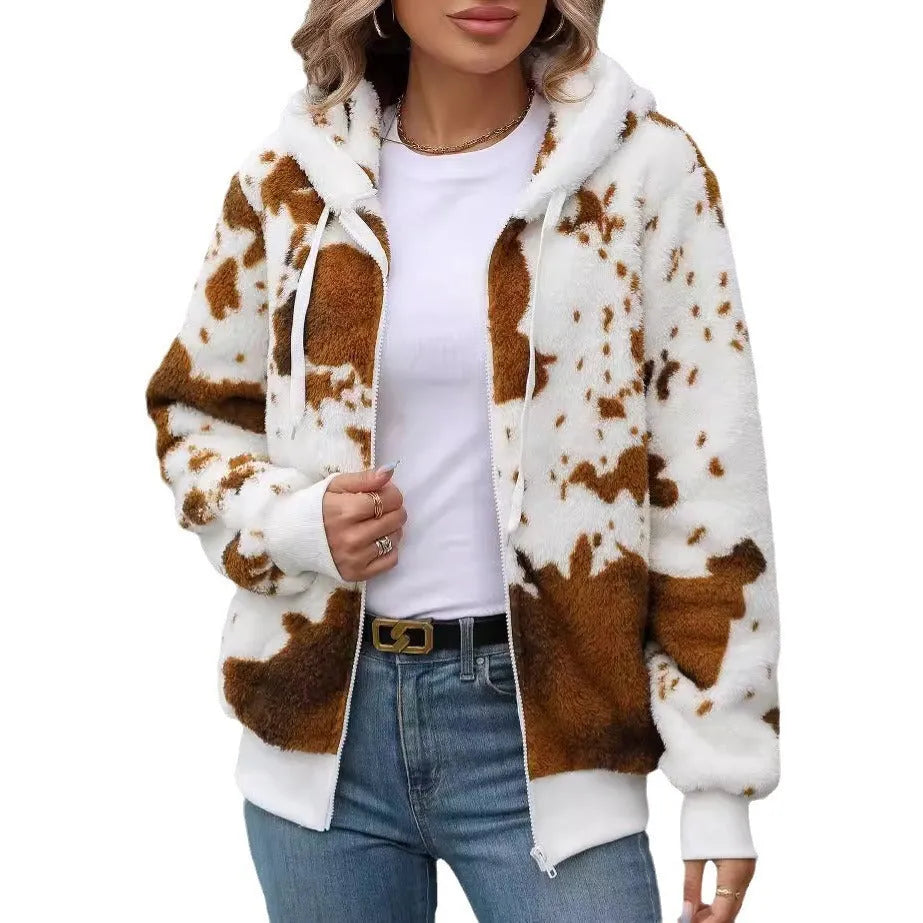 Yellow brown cow coloured hooded cardigan jacket with animal pattern print and front zipper