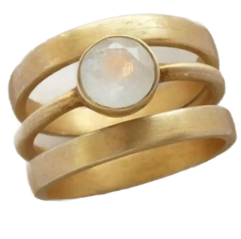Gold-plated titanium steel ring with hollow micro-inlaid white chalcedony in geometric design