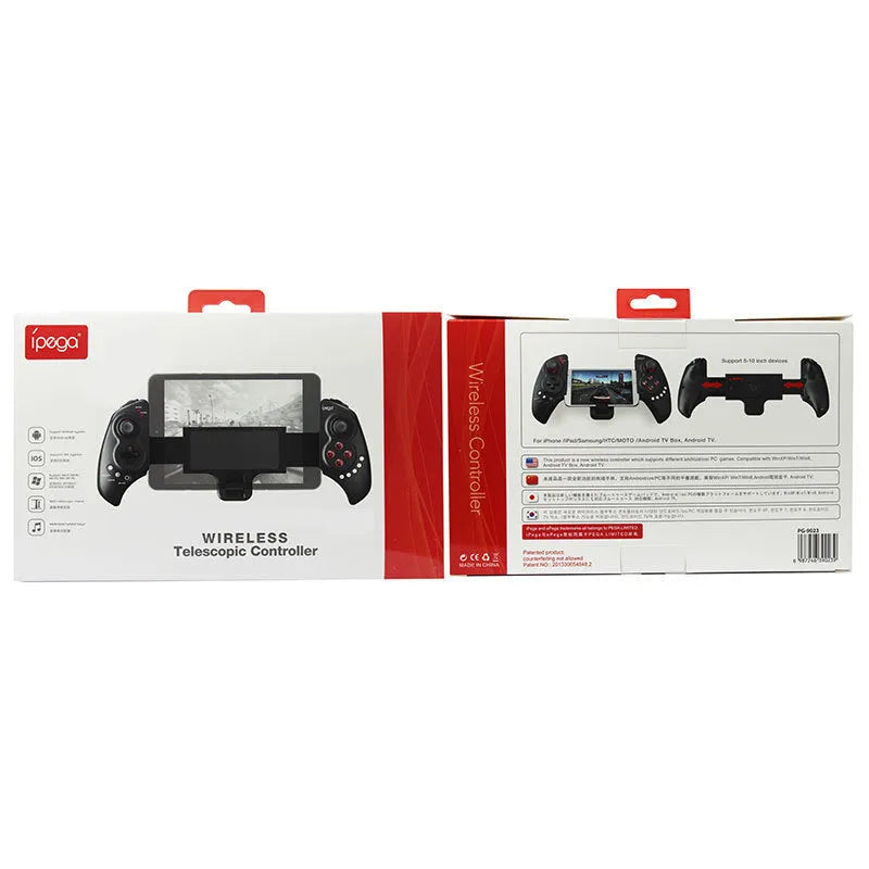 PG-9023 wireless telescopic game controller extended to hold a mobile phone