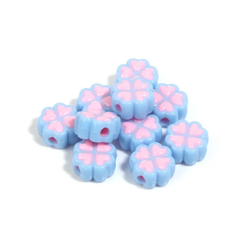 15mm acrylic four-leaf clover beads with frosted finish in various colours including rose red, pink, yellow, green, blue, purple