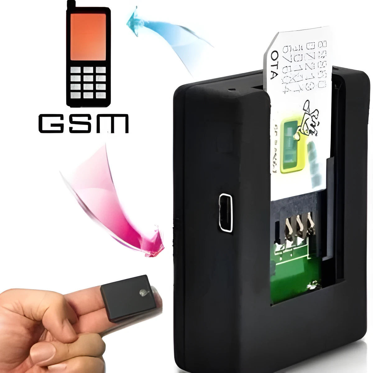 Black N9 mini car GPS tracker X009 with removable back cover showing SIM card slot