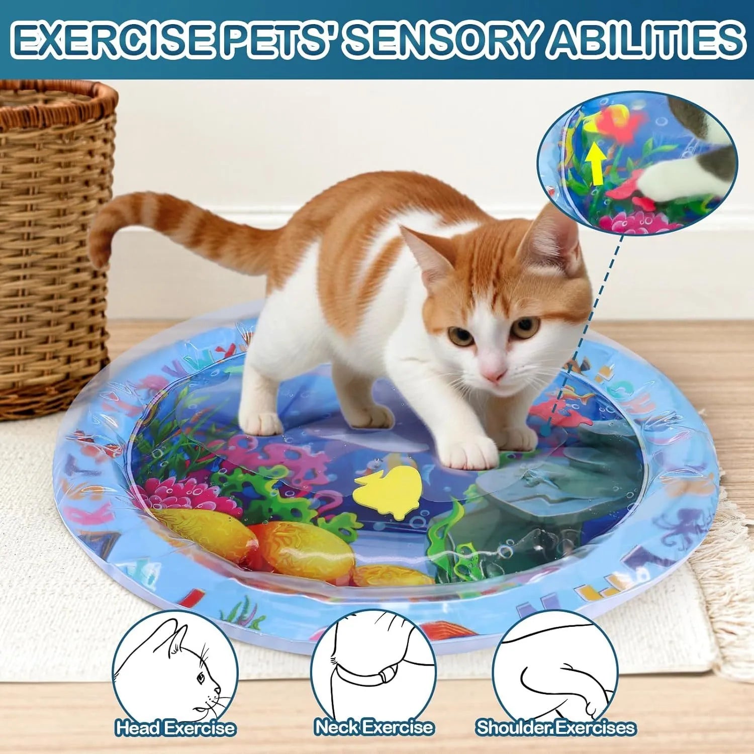 Thickened PVC water sensory playmat for cats with ocean fish theme and floating toys