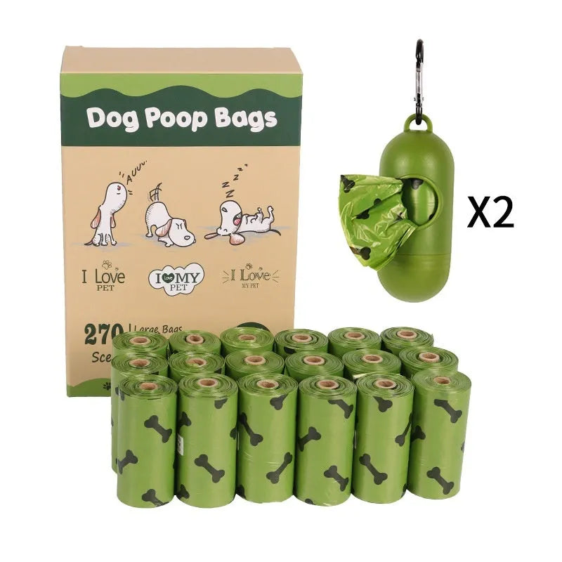 Military green degradable dog waste bags with black bone print measuring 23 by 33 centimetres