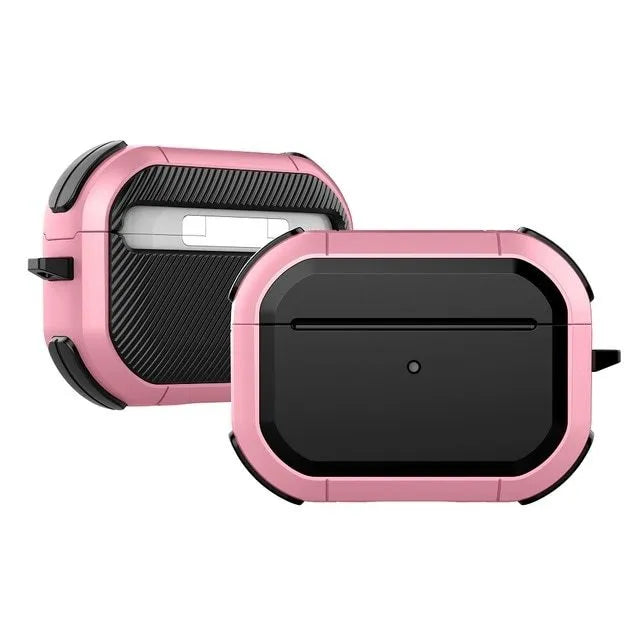 Black TPU and PC protective shell case fitted on a white Apple AirPods Pro charging case.