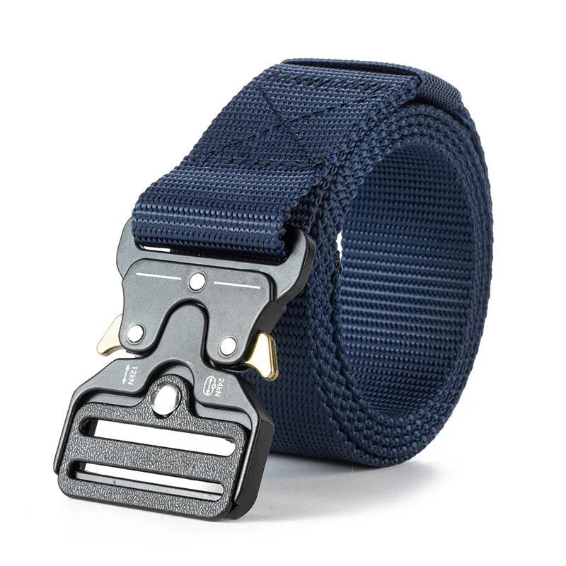 Men's thick woven canvas tactical belt with an alloy release buckle, shown in one of five colour options