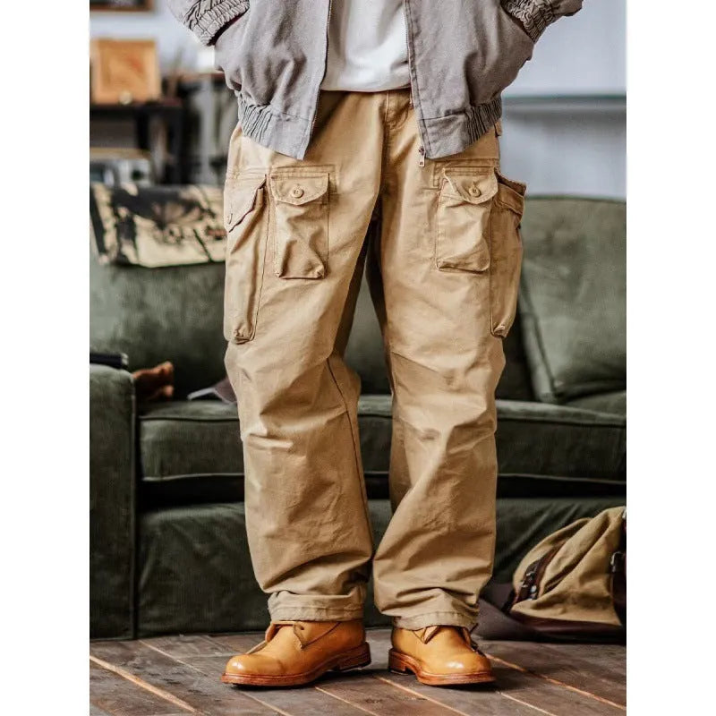 Men's multi-pocket corduroy cargo trousers in khaki, green or black, long straight drawstring no-fly design with belt