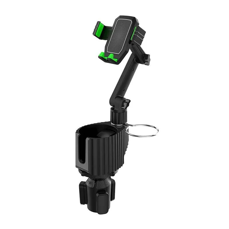 Green car cup holder expansion rack organising kettle and mobile phone alongside drinks