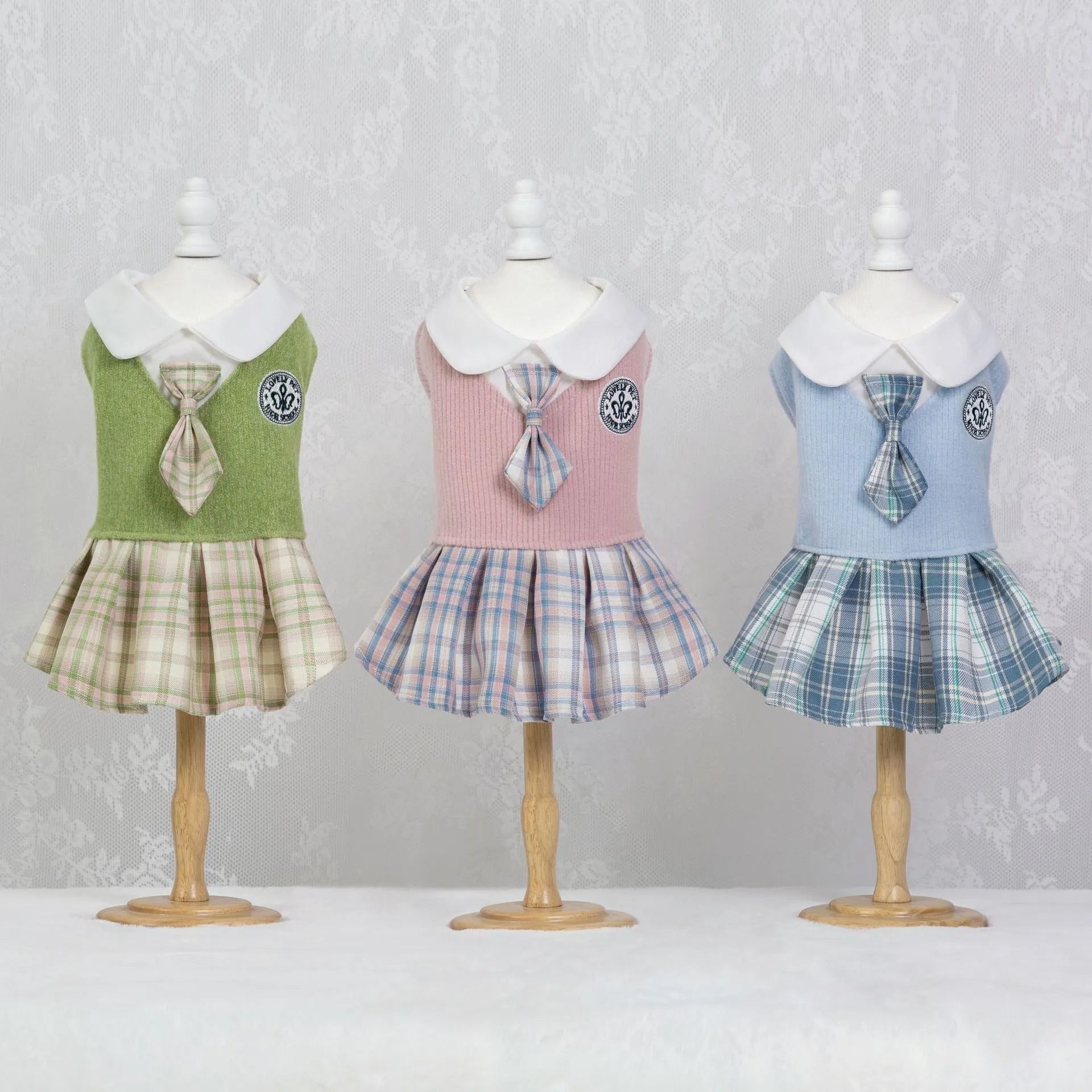 Tartan pattern princess style skirt for small dogs and cats in pink, blue, or green.