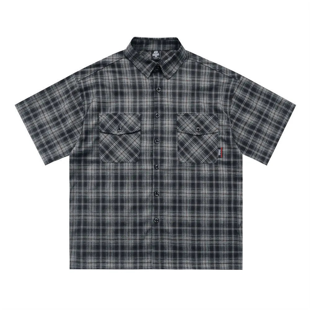 Men's black plaid short sleeve shirt with white letter embroidery and lapel collar