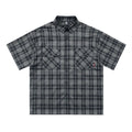 Men's black plaid short sleeve shirt with white letter embroidery and lapel collar