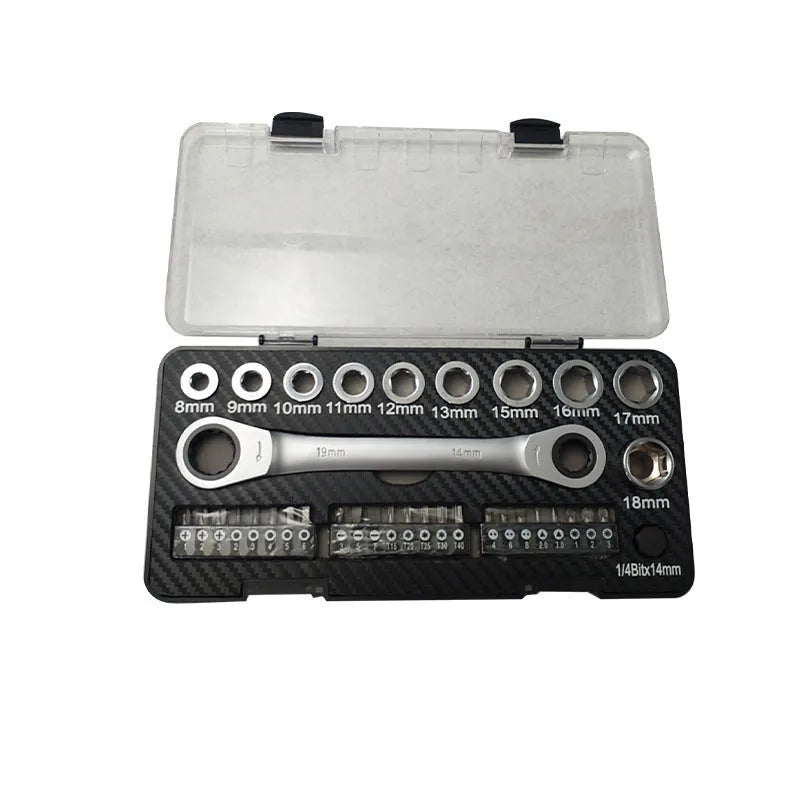 Dual-purpose ratchet wrench and screwdriver tool set with sockets and batch heads
