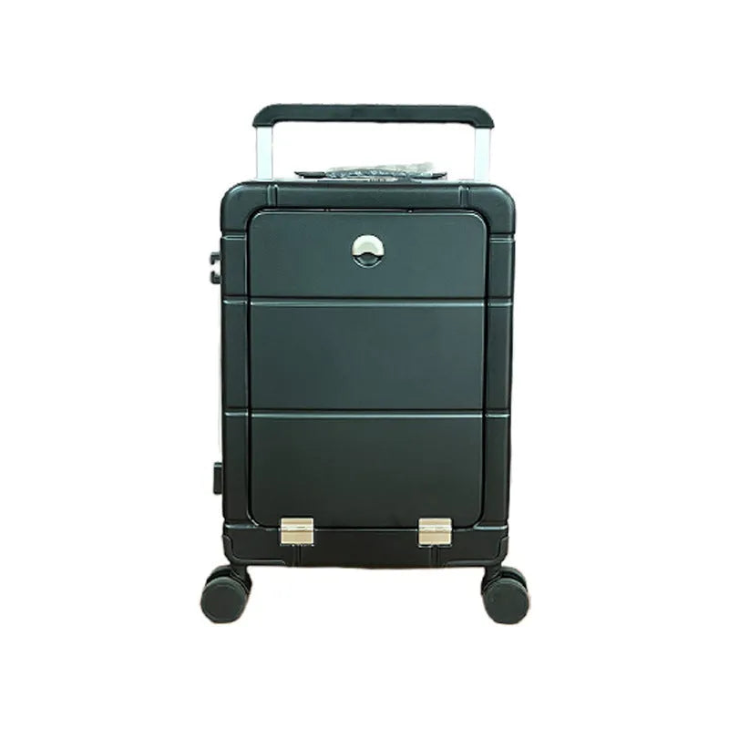 20-inch front opening cabin suitcase in four colours showing dry wet separation and built-in cup holder.