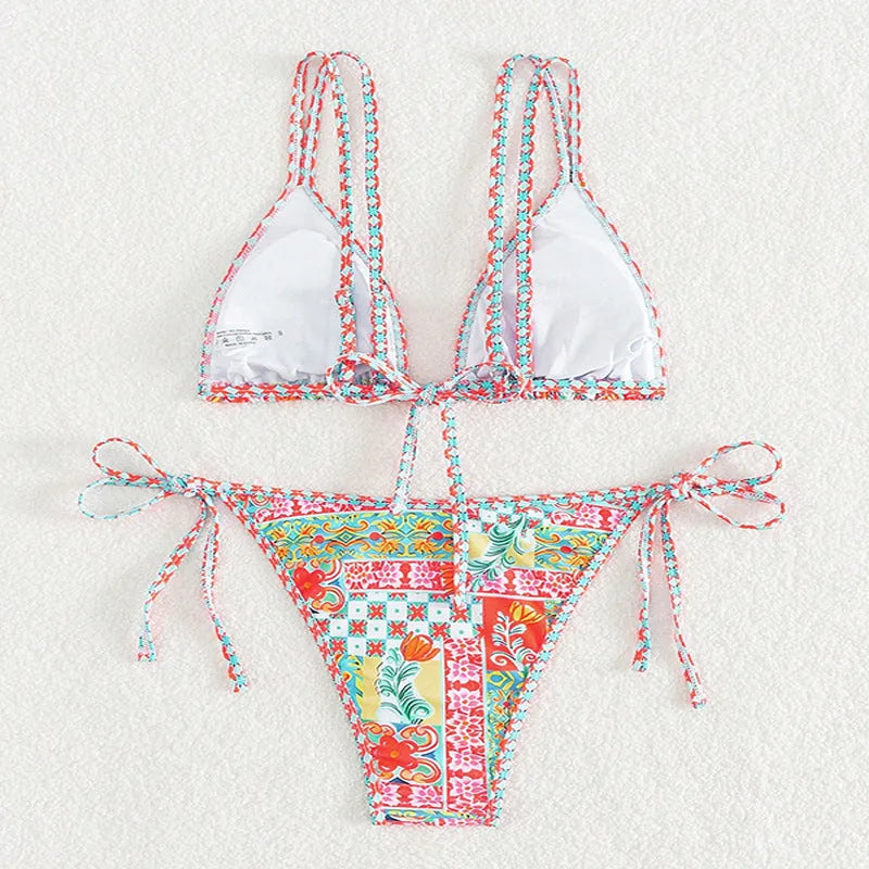 Women's lace-up split swimsuit with backless design in picture colour, shown as bikini set