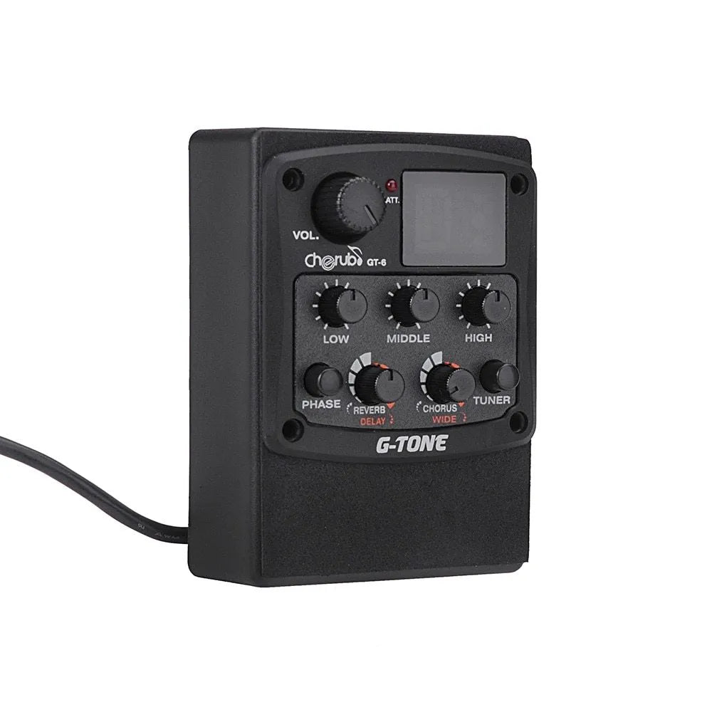 Cherub GT-6 black acoustic guitar EQ unit with piezo pickup and rotary controls for 3-band equaliser and effects