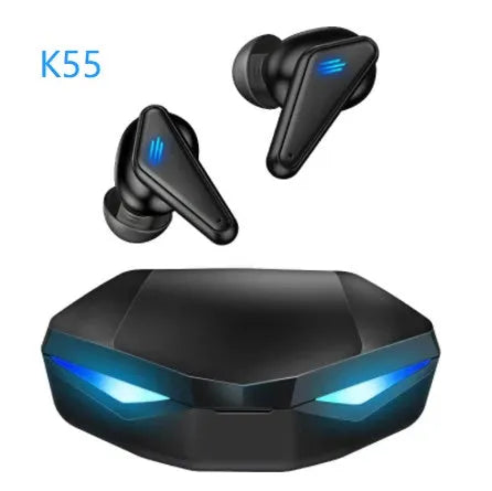 Blue K55 wireless Bluetooth gaming headset with TWS bilateral earpieces for mobile gaming