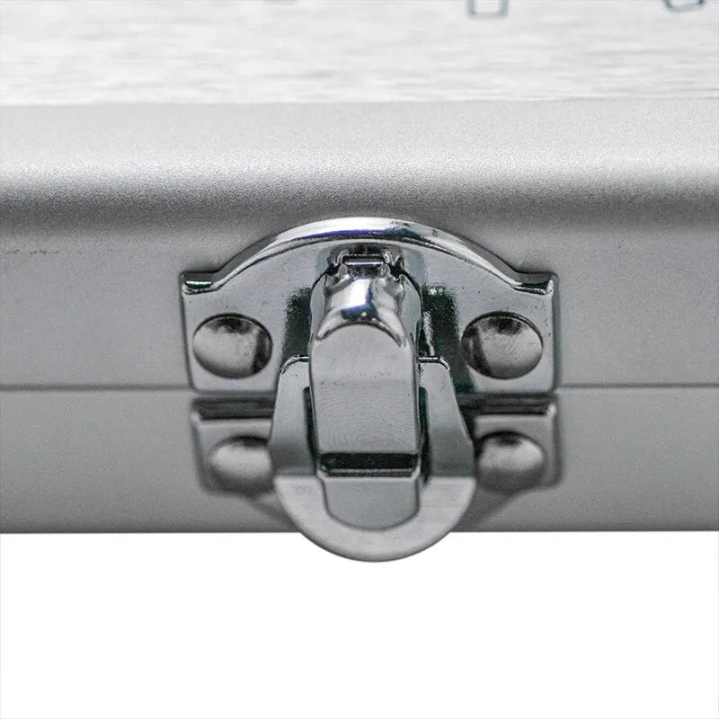 Silver aluminium storage box for TS100 soldering iron showing compact dimensions