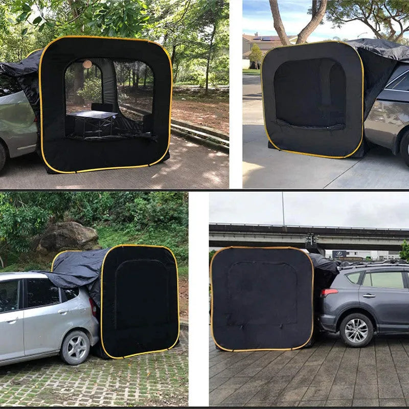 Black pop-up camping tent attached to car tail with quick-throw design and waterproof Oxford cloth