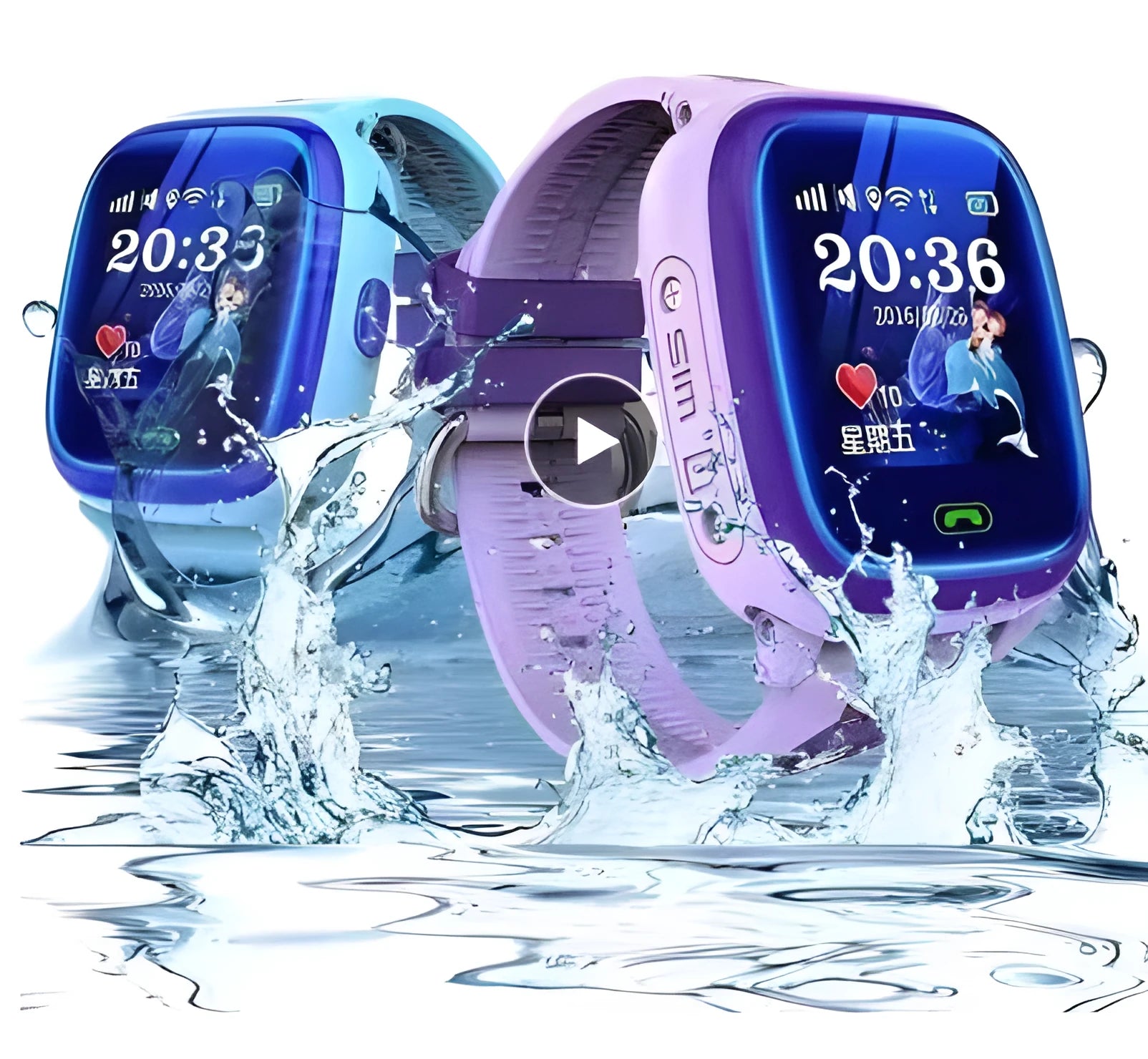 Blue DF25 children's waterproof smartwatch with touch screen displayed on wrist showing time and calling interface