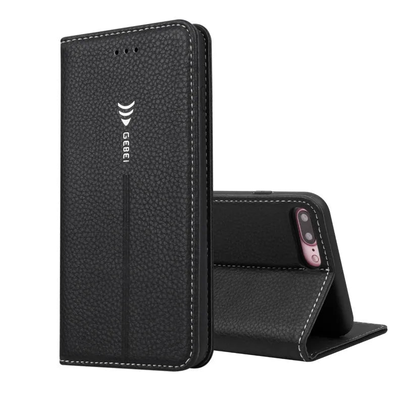 Imported PU leather wallet case for iPhone in black, blue, brown, khaki, or pink with card slot.
